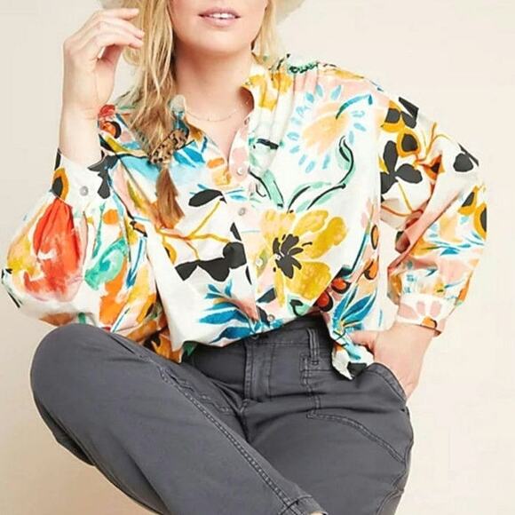 Anthropologie Floral Button Down Shirt Relaxed Fit Long Sleeve Tropical Boho S - Picture 12 of 16